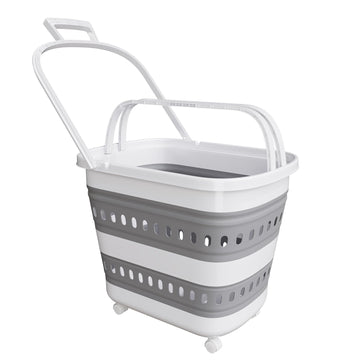 Collapsible Plastic Rolling Laundry Basket Hamper with Wheels, 45L Portable Rubber Clothes Basket, Pop Up Storage