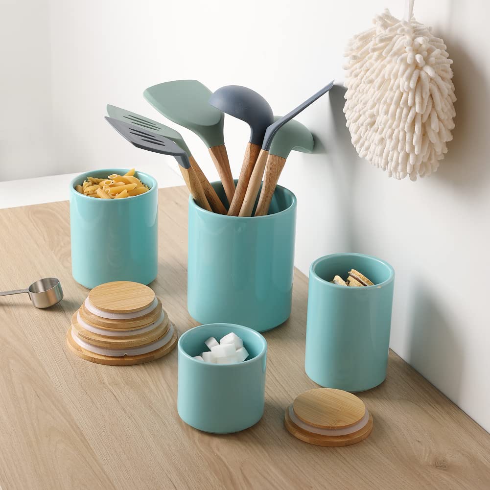 Kitchen Canisters Ceramic Food Storage Jar Set, Stackable Containers with Airtight Seal Wooden Lid for Serving Ground