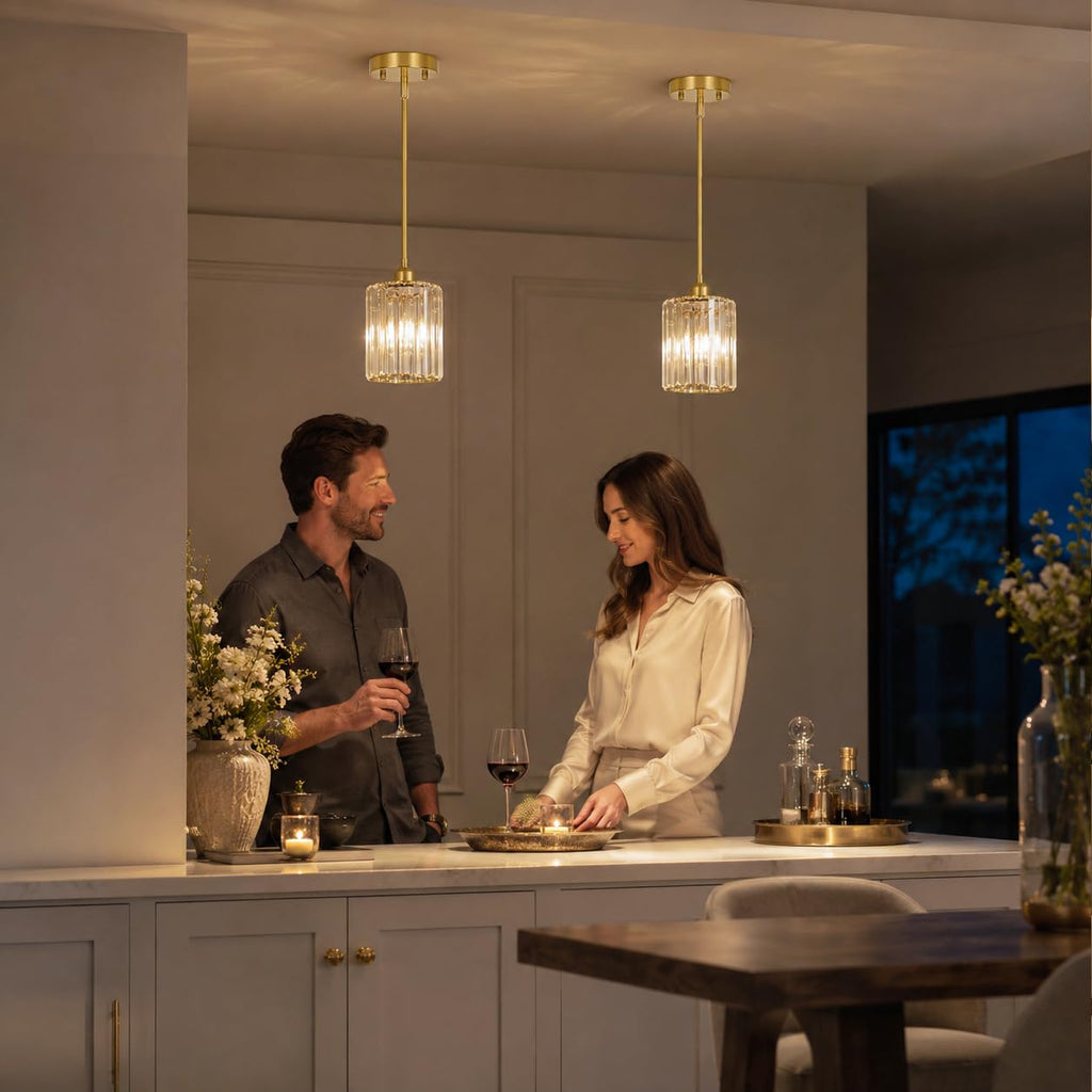Brushed Gold Kitchen Pendant Lights Over Island with Adjustable Rods - Crystal Pendant Lighting Fixtures for Sloped