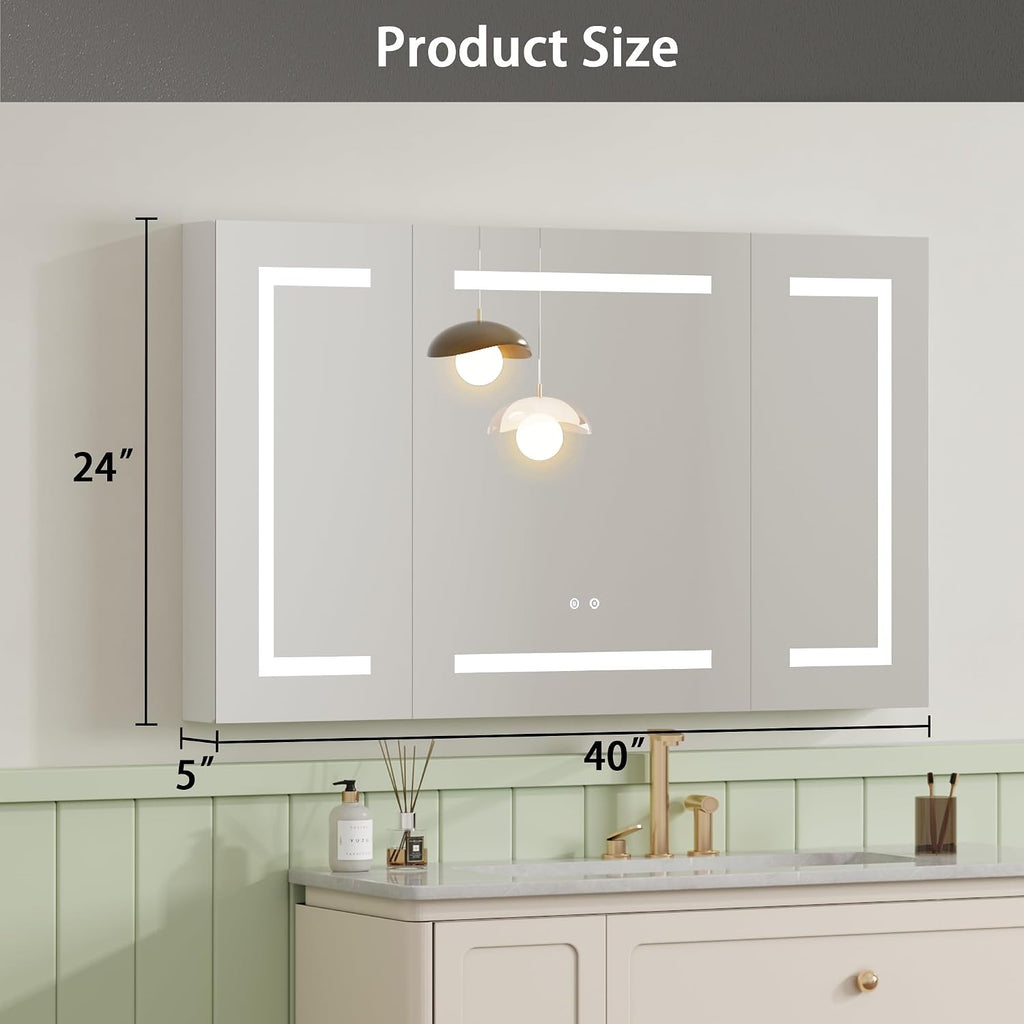 LED Medicine Cabinet with Mirror , Assembly-Free Lighted Medicine Cabinet, Defog, Stepless Dimming, 3 Colors, 2