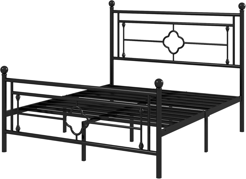 Queen Metal Platform Bed Frame with Victorian Vintage Headboard and Footboard/Mattress Foundation/Under Bed Storage/No