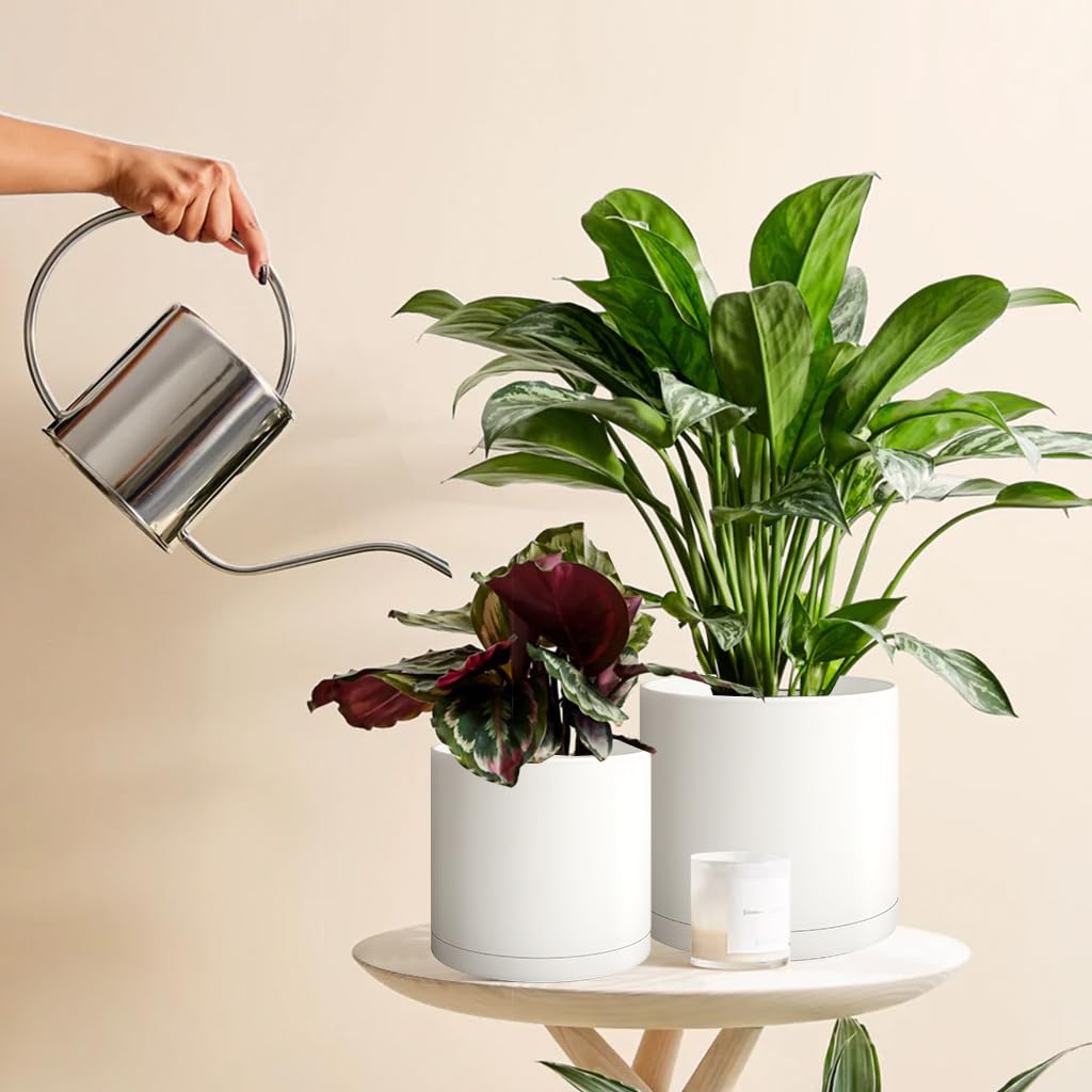 Cylinder Plant Pots 12/10/8 Inch Set of 3, Modern Round Planters with Drainage Holes and Saucers, Durable Plastic
