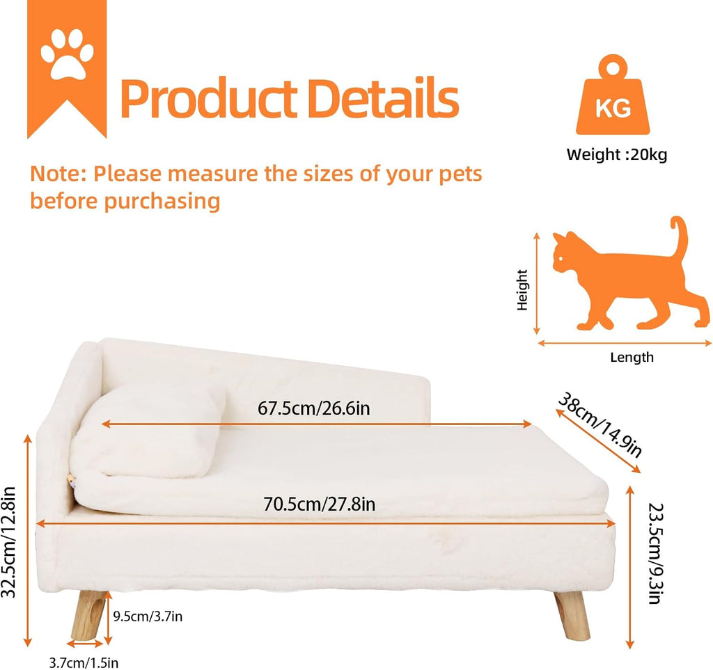 Elevated Cat Couch Sofa: Wooden Cat Bed Dog Chair with Bolster Cushion for Small Dogs Cute Pet Chaise Soft Cushion