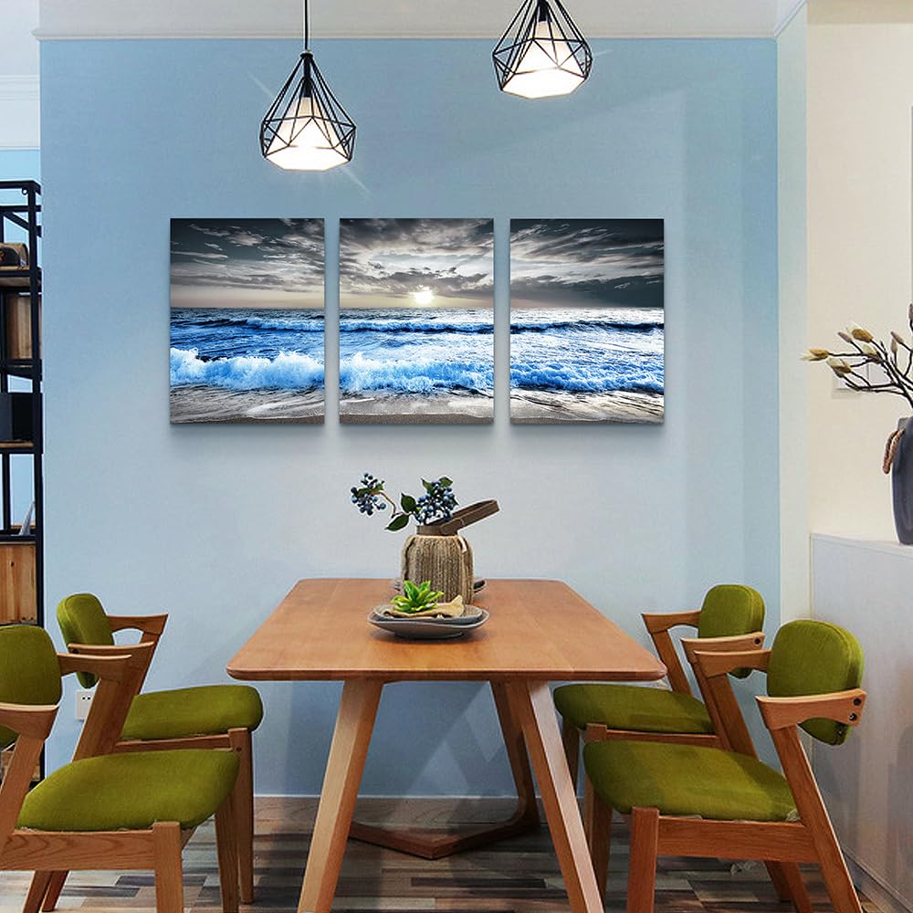 3 Piece Canvas Wall Art - Blue Ocean Wave Seascape Pictures - Bedroom, Living Room, Office Wall Decor - Modern Home