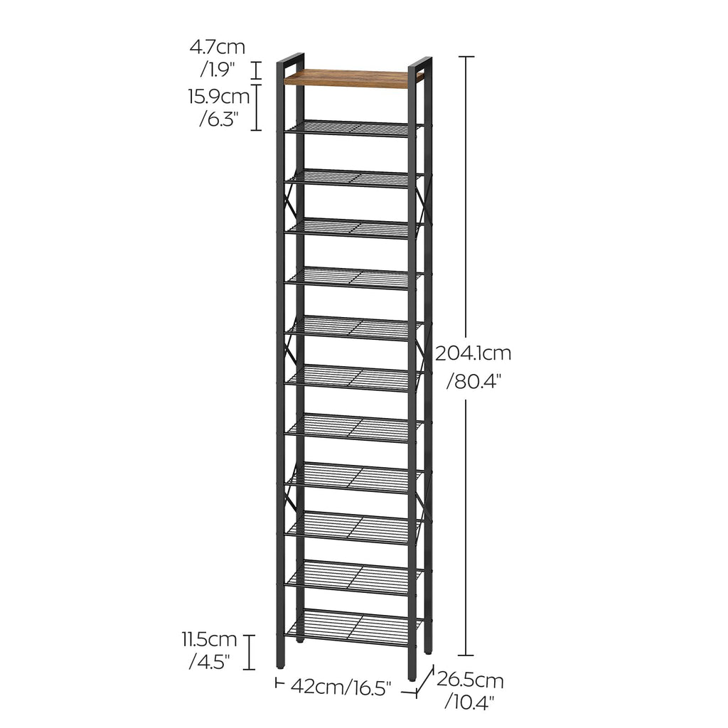12-Tier Narrow Shoe Rack, Tall Shoe Rack for 12-24 Pairs, Slim Shoe Storage Organizer with Wooden Top, Space Saving