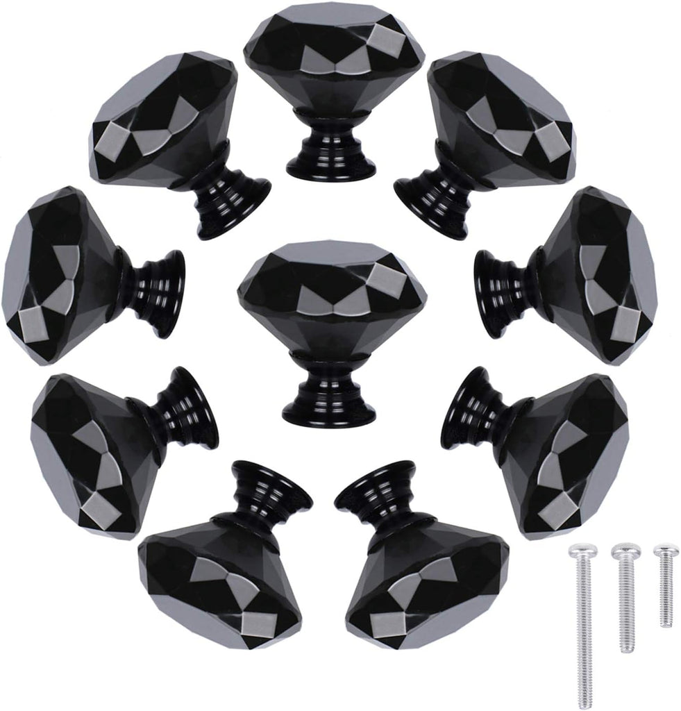 10 Pack Drawer Knobs, Drawer Pulls Black Diamond Shaped Crystal Glass 30mm Cabinet Knobs Pull Handles with Screws Chest