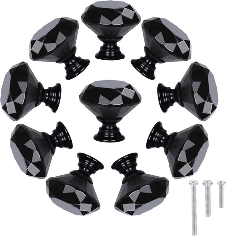 10 Pack Drawer Knobs, Drawer Pulls Black Diamond Shaped Crystal Glass 30mm Cabinet Knobs Pull Handles with Screws Chest