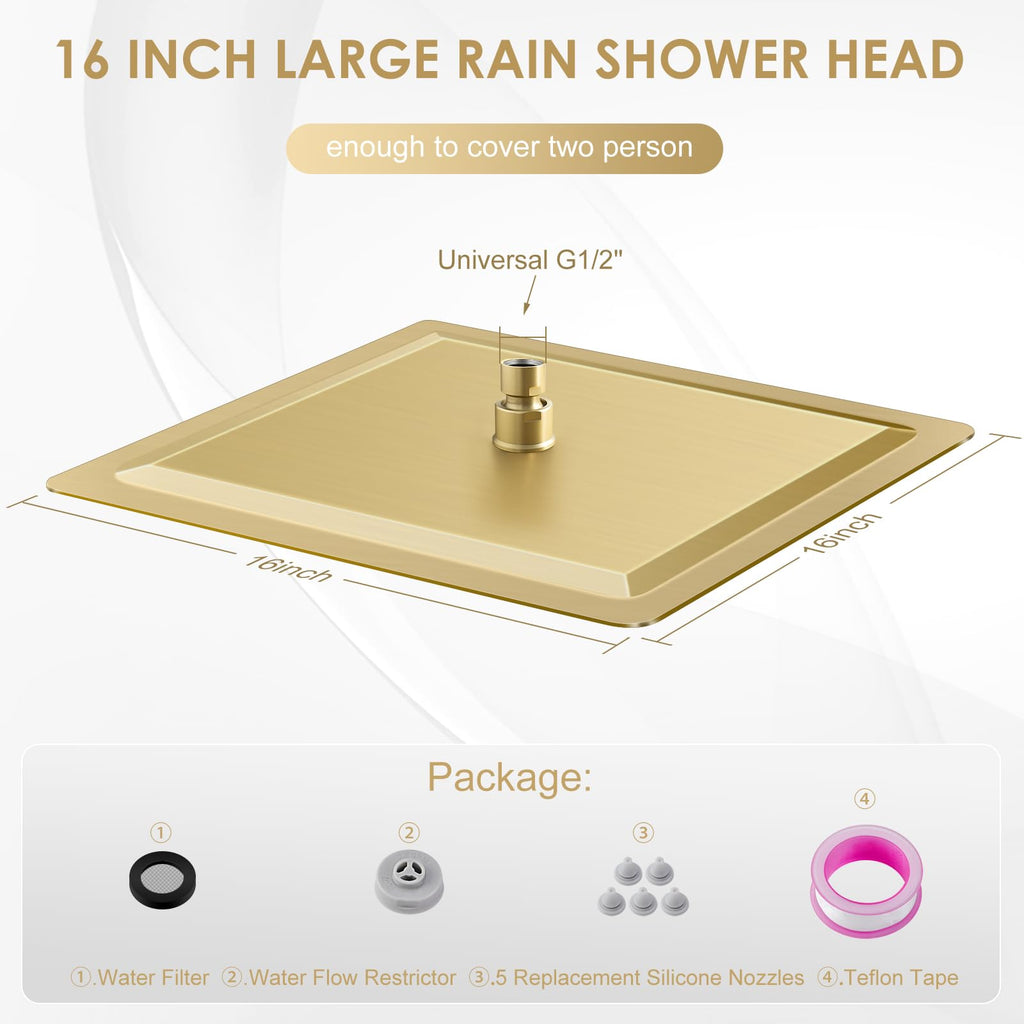 16 inch Brushed Gold Large Rain Shower Head Ceiling Mount - All Metal 304 Stainless Steel, Full Body Rainfall Shower