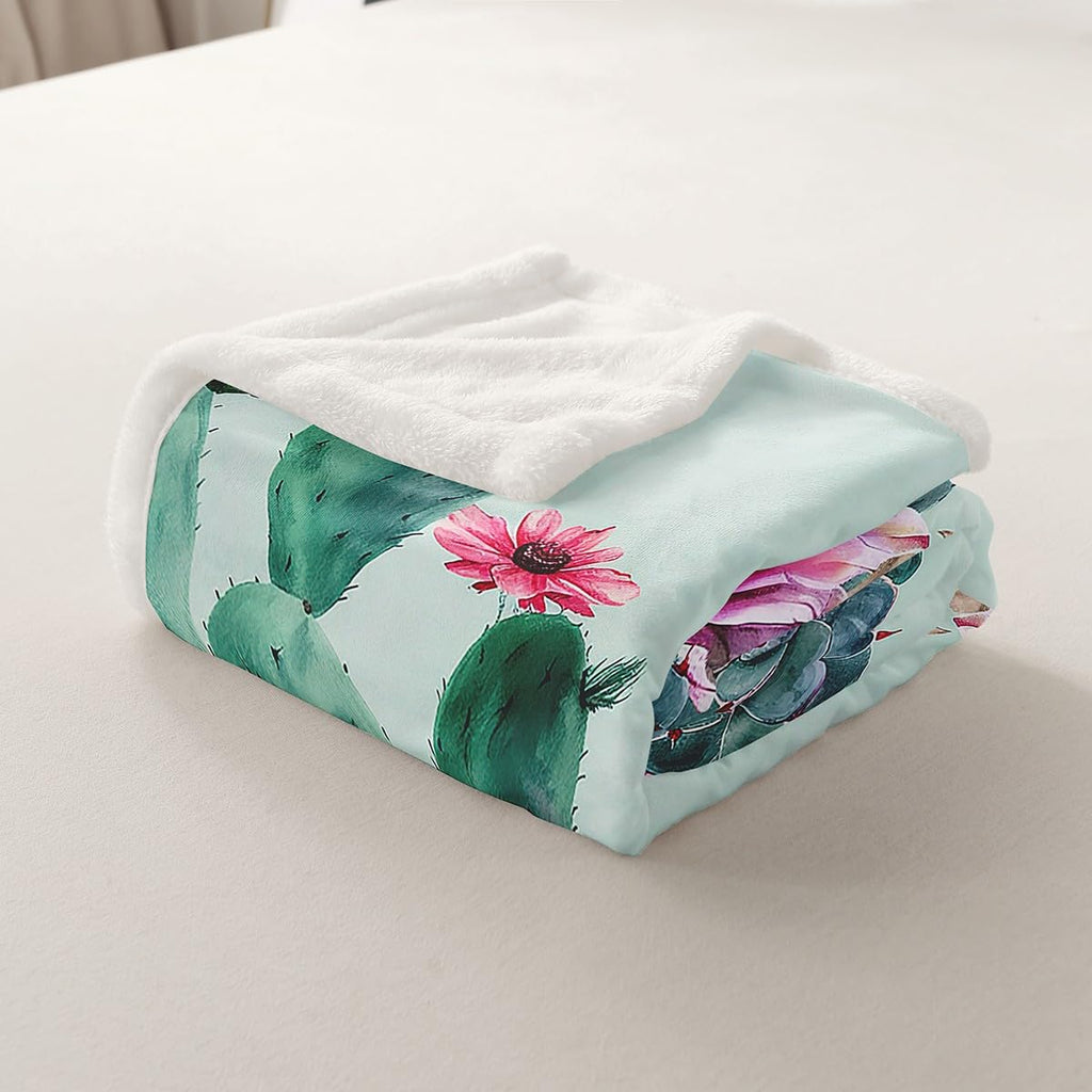 Cactus Fleece Throw Blanket with Boho Succulent Botanical Floral Print Plush Sherpa Blanket for Sofa Bed Couch 30x40