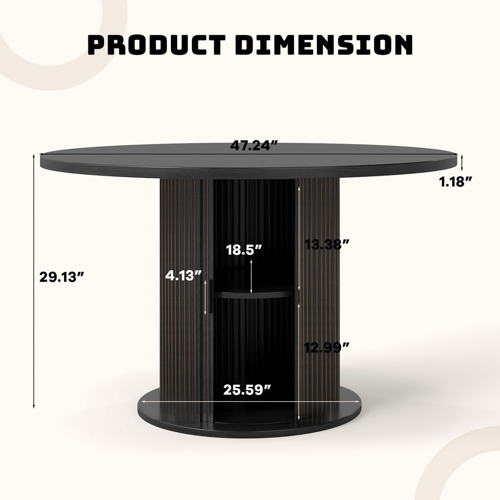 47 Inch Round Dining Table for 4-6, Circle Farmhouse Kitchen Table with Storage Space, Wood Strip Base, Lunch (Black)