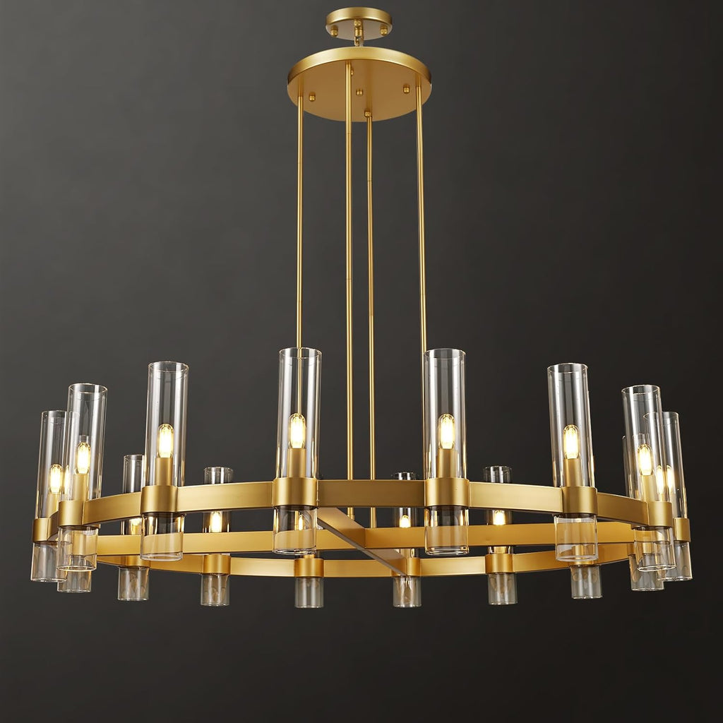 Modern 48" Gold Wagon Wheel Chandelier, Brass Round Chandeliers for Dining Room,16-Light Farmhouse Living Room Chandelier with Glass Tube for Bedroom,Staircase, Foyer, Entryway, Includes Bulbs A115-B0CQKCW5CD