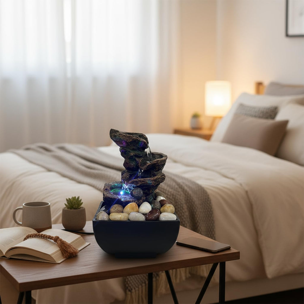 Tabletop Fountain Indoor Waterfall Rock Fountain, Meditation Fountain with Color LED Light, Waterfall Feature Decor