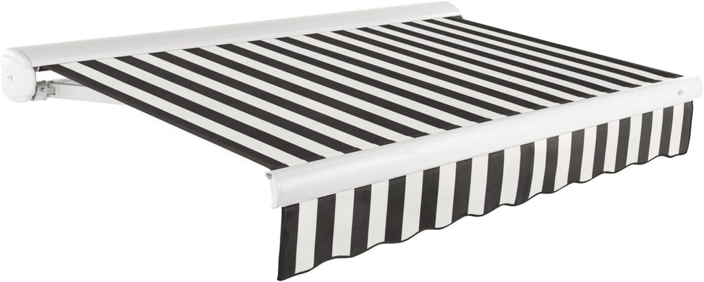 12' Full Cassette Right Motor (12' x 10') Retractable Patio Awning, Black/White Stripe