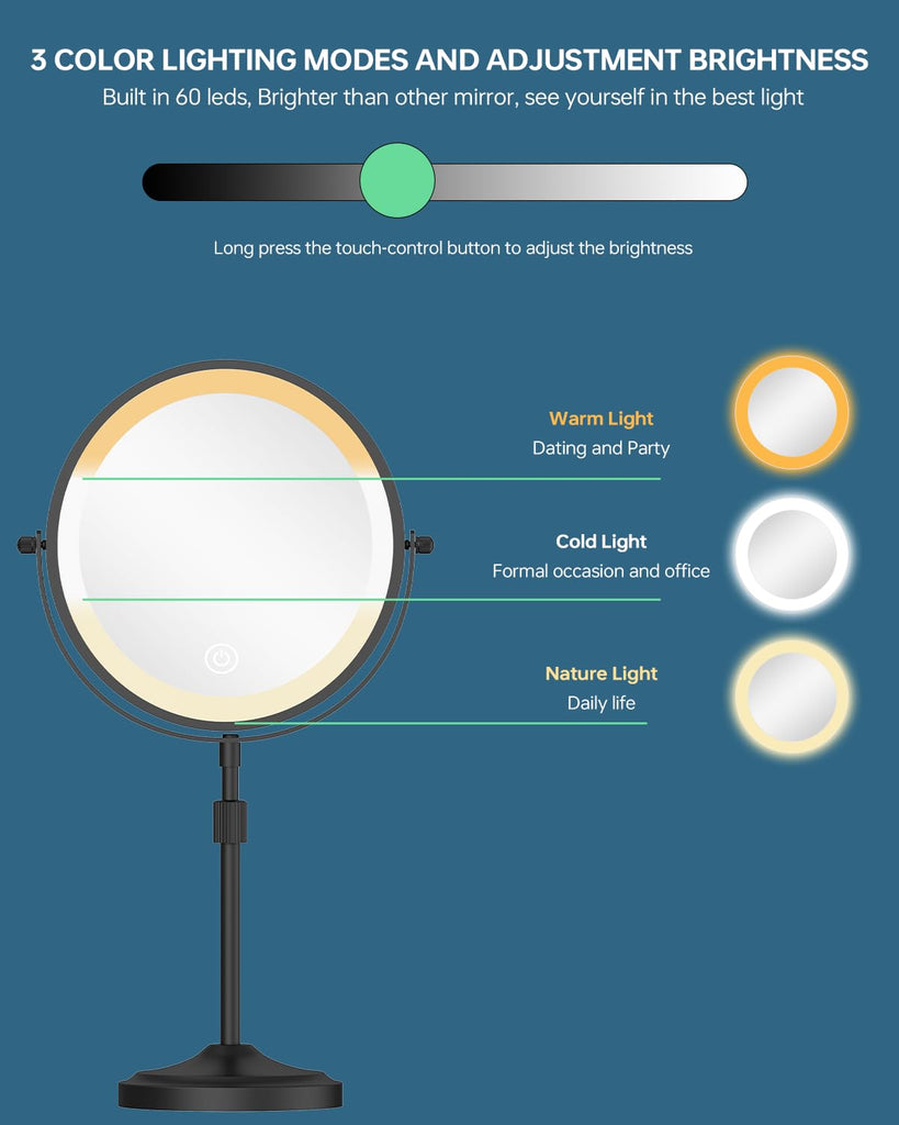 9" Tall Lighted Makeup Mirror with Lights and 1X 10X Magnification, Black