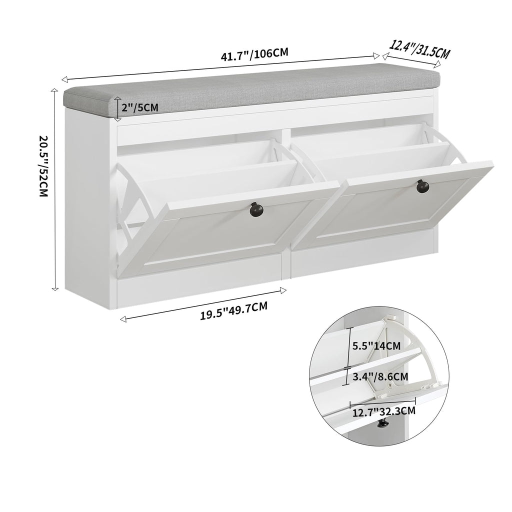 Shoe Bench with 2 Flip Drawers, Shoe Organizer Storage Bench with Adjustable Shelves (White)