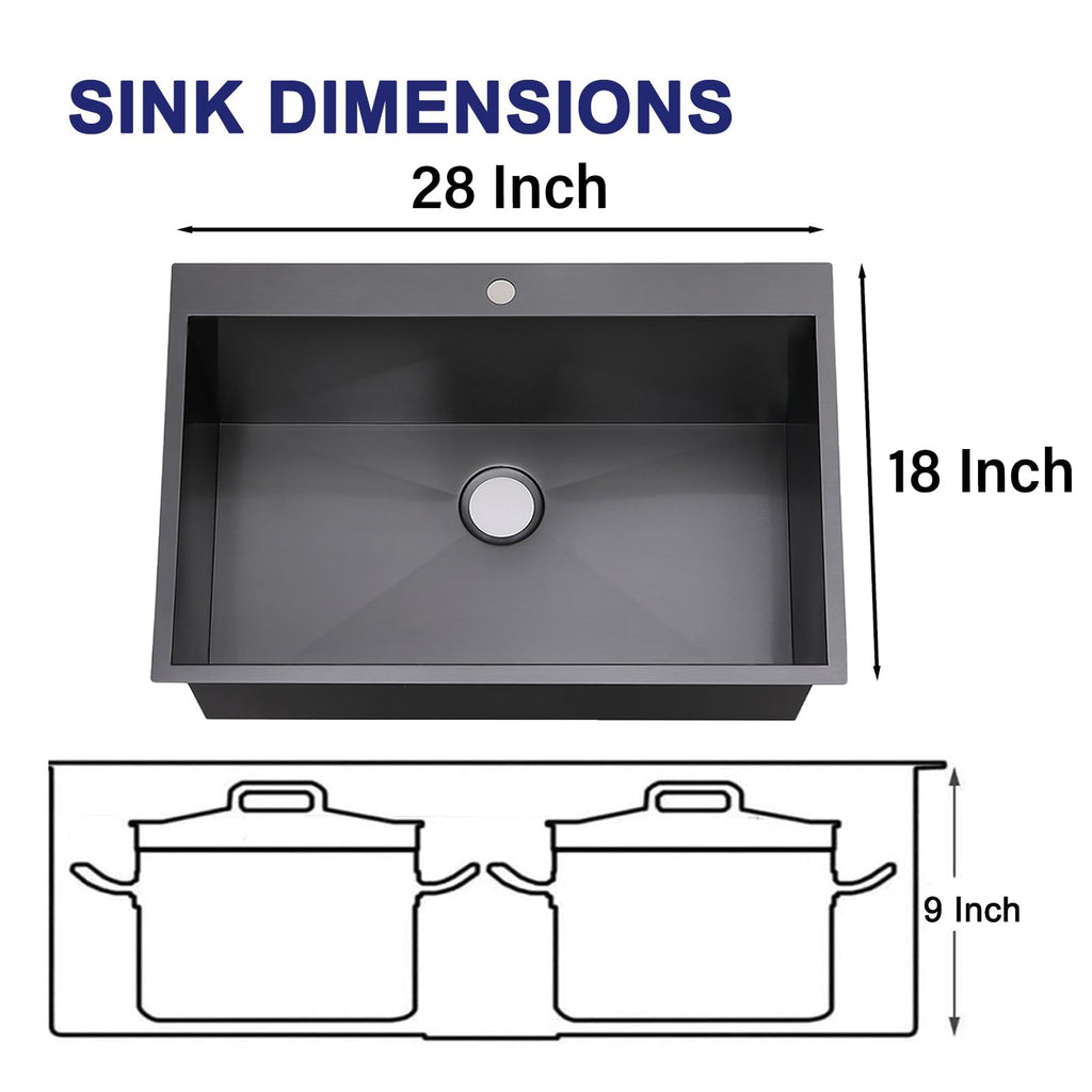 28x18 Inch Black Drop In, Top Mount Single Bowl