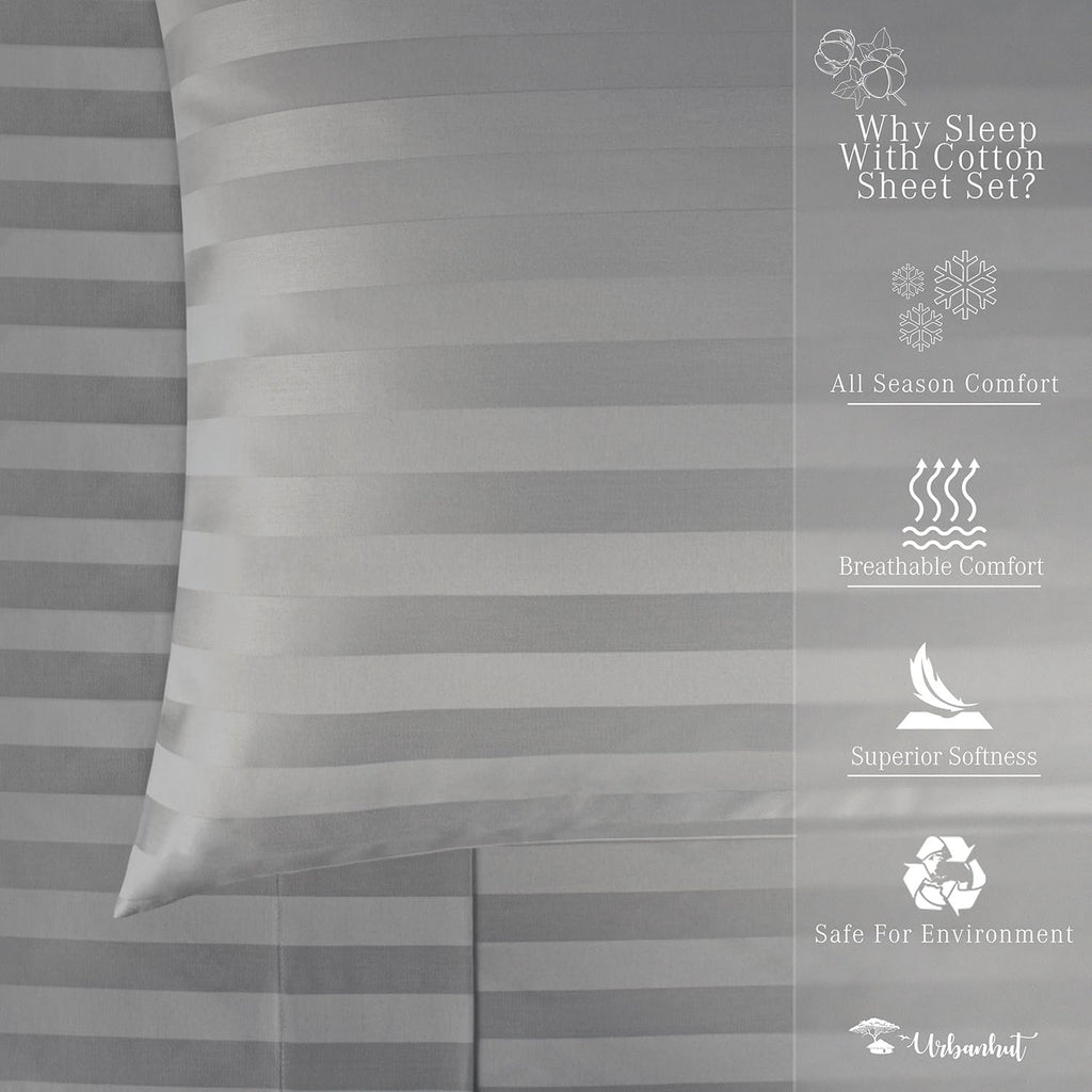 100% Cotton Damask Queen Size Sheets, 4 Piece Hotel Style Sheet Set Bed Sheet for Queen Size Bed, Sateen Weave Stripe