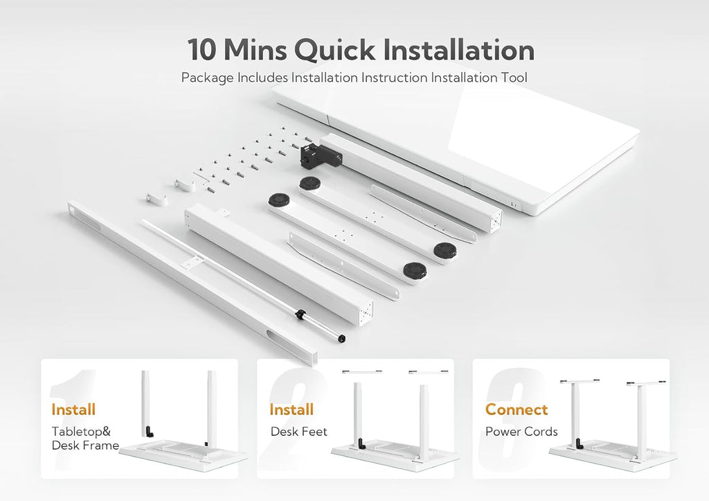 Glass Standing Desk with Drawers & USB Ports 55x24 Inch, White | 3 Steps Quick Install, 2 Zones Drawer, USB Ports