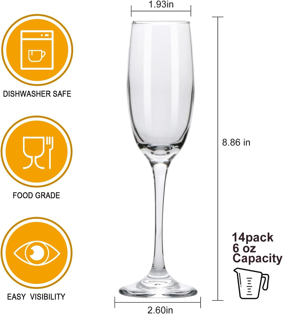 6oz Champagne Flute,Clear Champagne Glasses Set of 14, Elegant Stemmed Champagne Glasses Sparkling Wine Glasses for