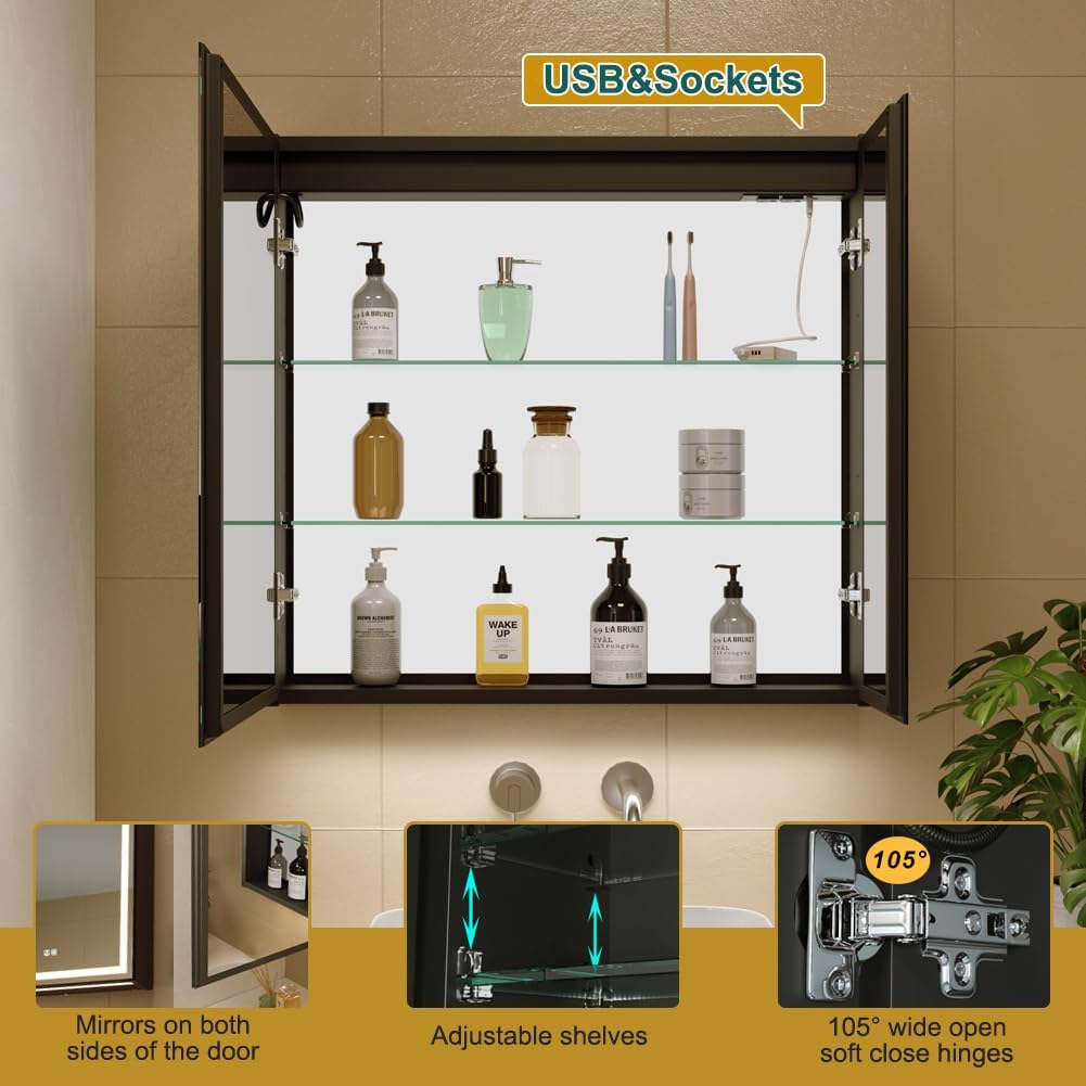 30x28 Inch Aluminum LED Bathroom Mirror Cabinet with Backlit Panel | Light Adjustment, Anti-Fog, Sockets&USBs, High