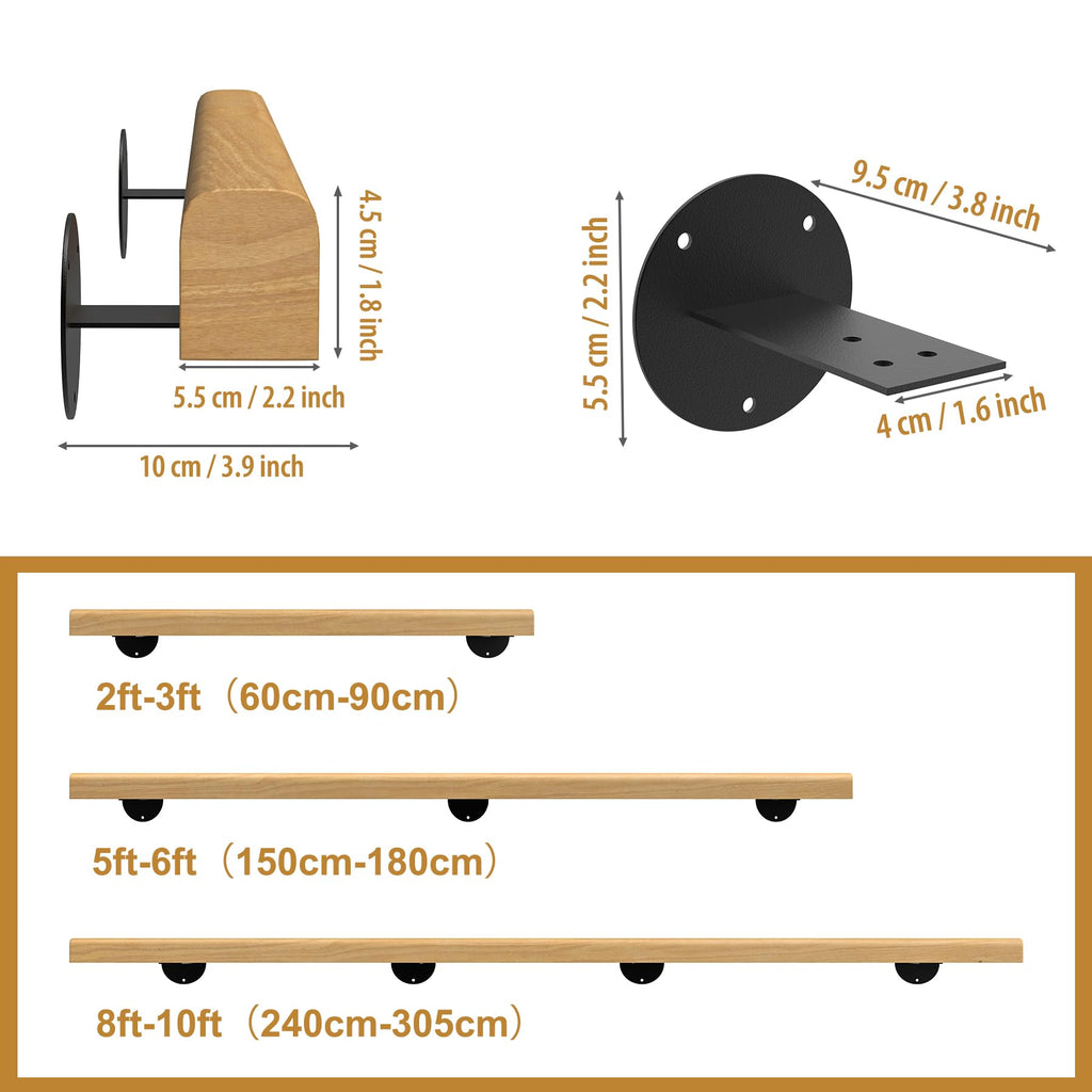10FT Wooden Stair Handrails Indoor Outdoor Wall Mount