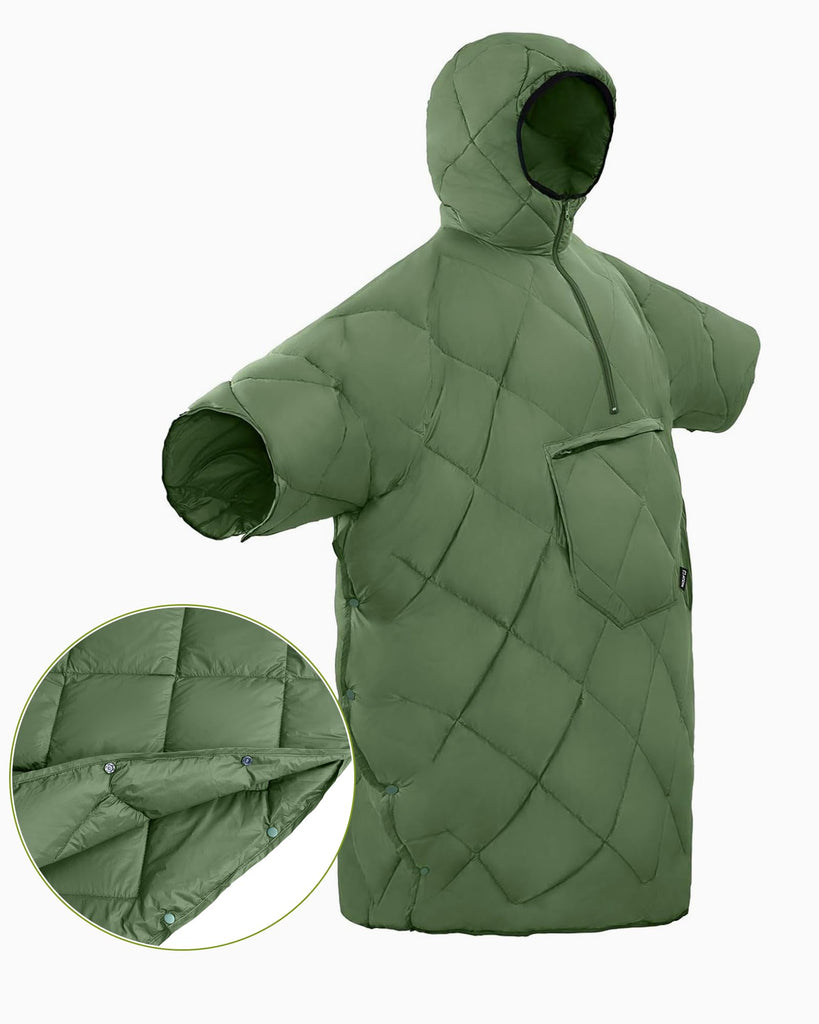 Blanket Poncho, Wearable Camping Blanket Hoodie, Green
