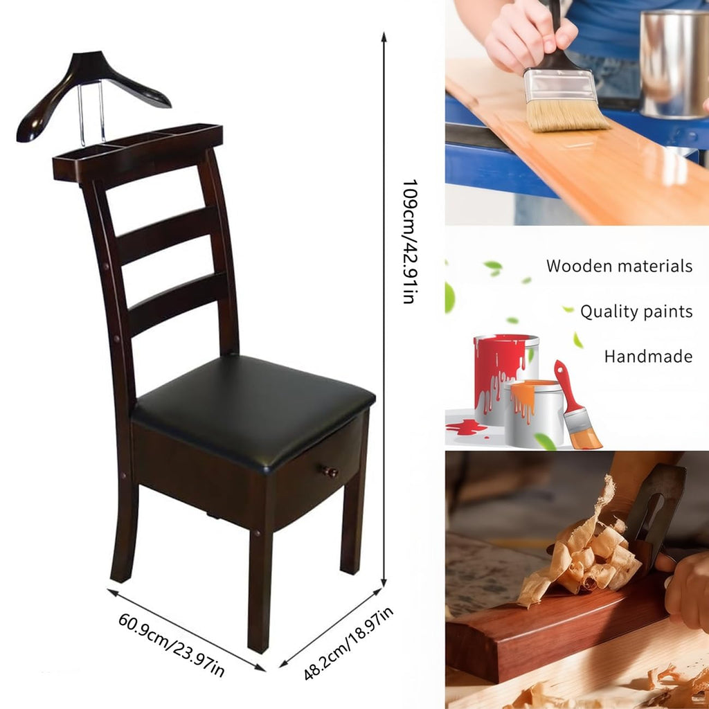Wood Chair Valet Stand With Hanger Trouser Bar, Top Storage Tray Wardrobe, Clothing Rack Chair Valet With Cushion