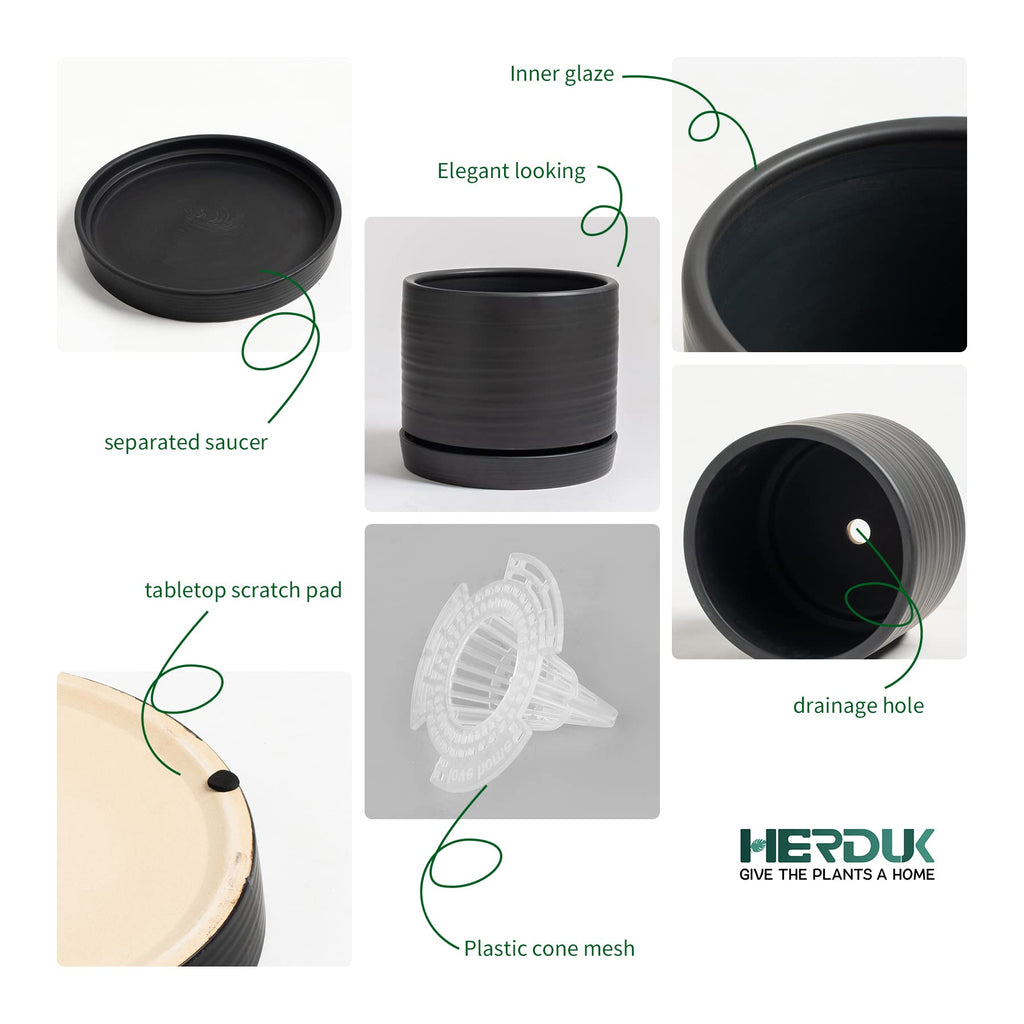 6 Inch Plant Pots, Ceramic Planter Pot with Drainage Hole & Saucer, Indoor/Outdoor Cylinder Round Planter Pot, Matte
