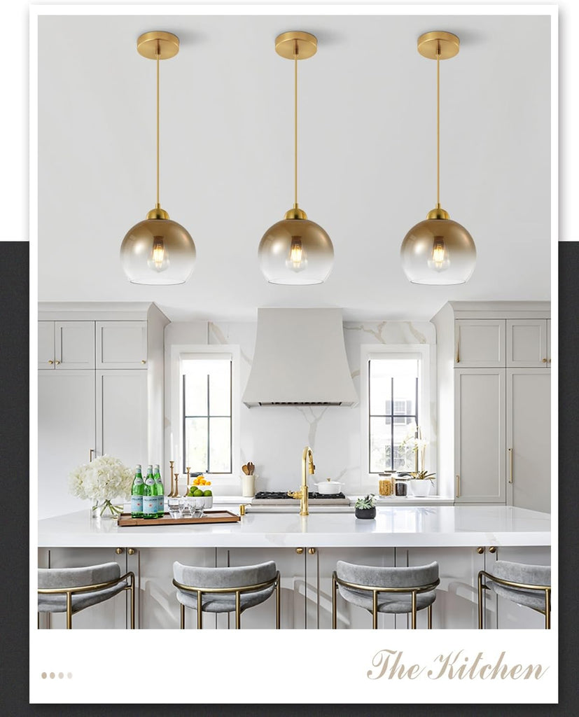 Modern Gradient Gold Glass Pendant Light，7.8-Inch Globe Adjustable Hanging Pendant Light for Bedroom Kitchen Island