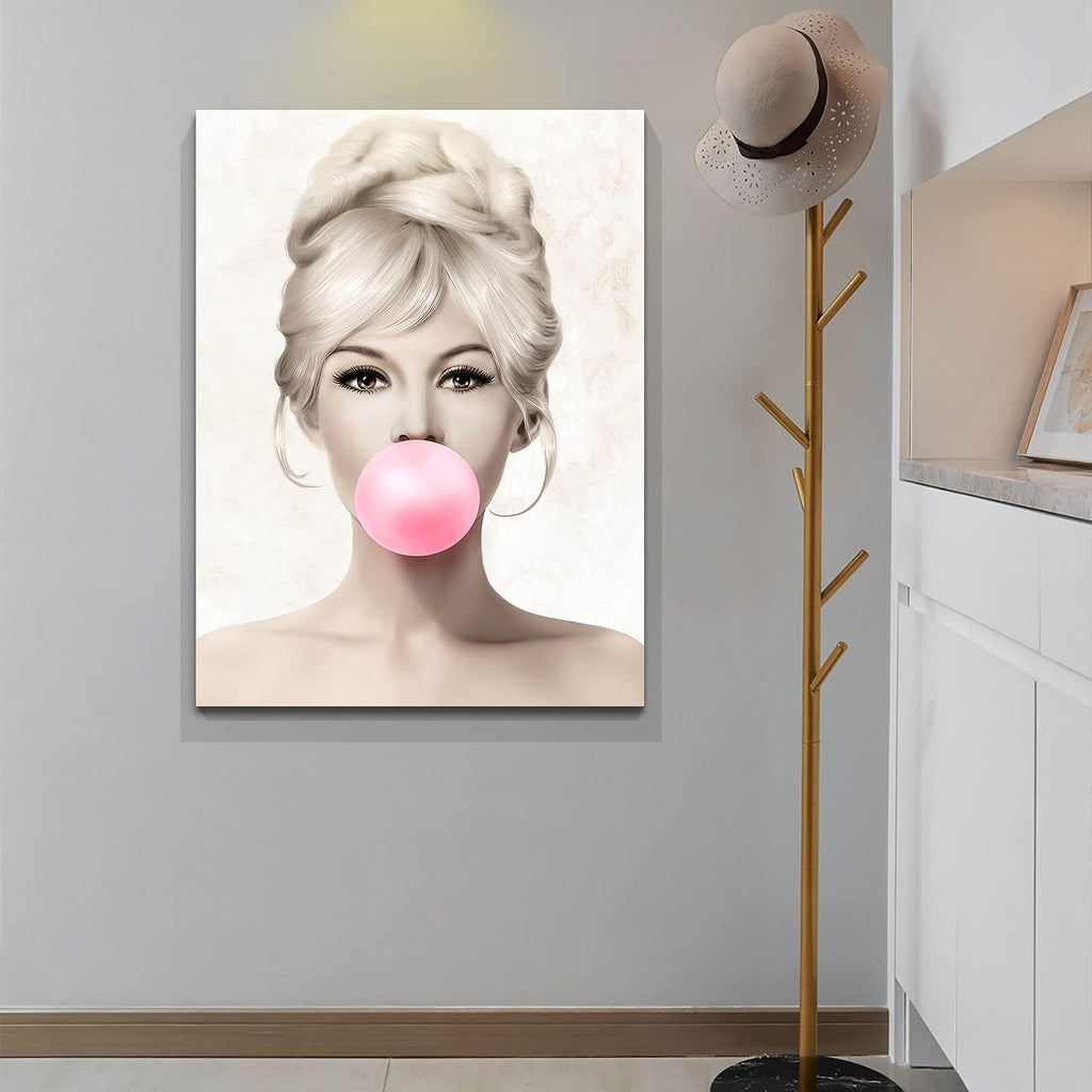 Beauty Portrait Brigitte Bardot with Pink Bubble Gum Canvas Wall Art Body Art Giclee Prints Wall Decor Bedroom Office