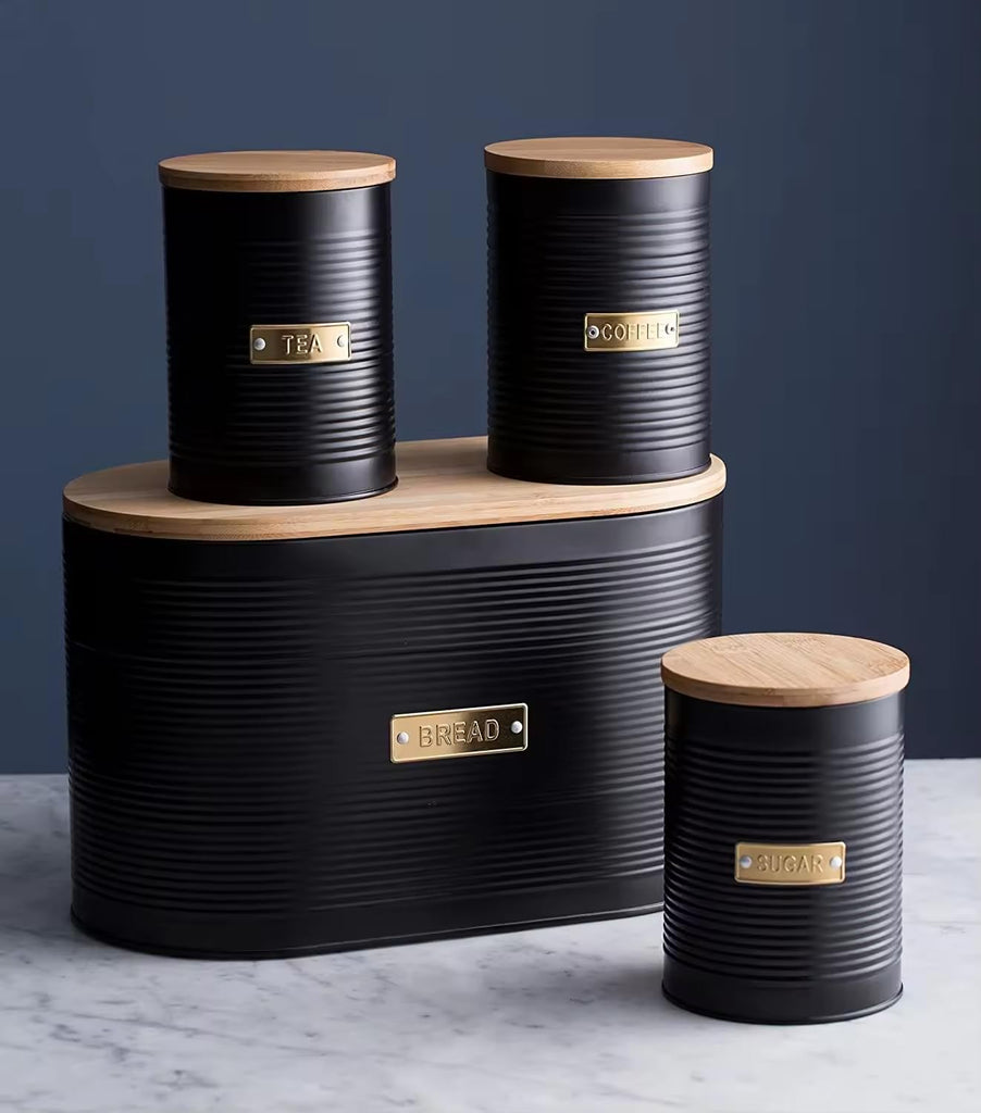 Black Metal Canisters with Wooden Lids - Set of 4 Airtight Storage Tins for Coffee, Tea, Sugar & More - Modern Ribbed