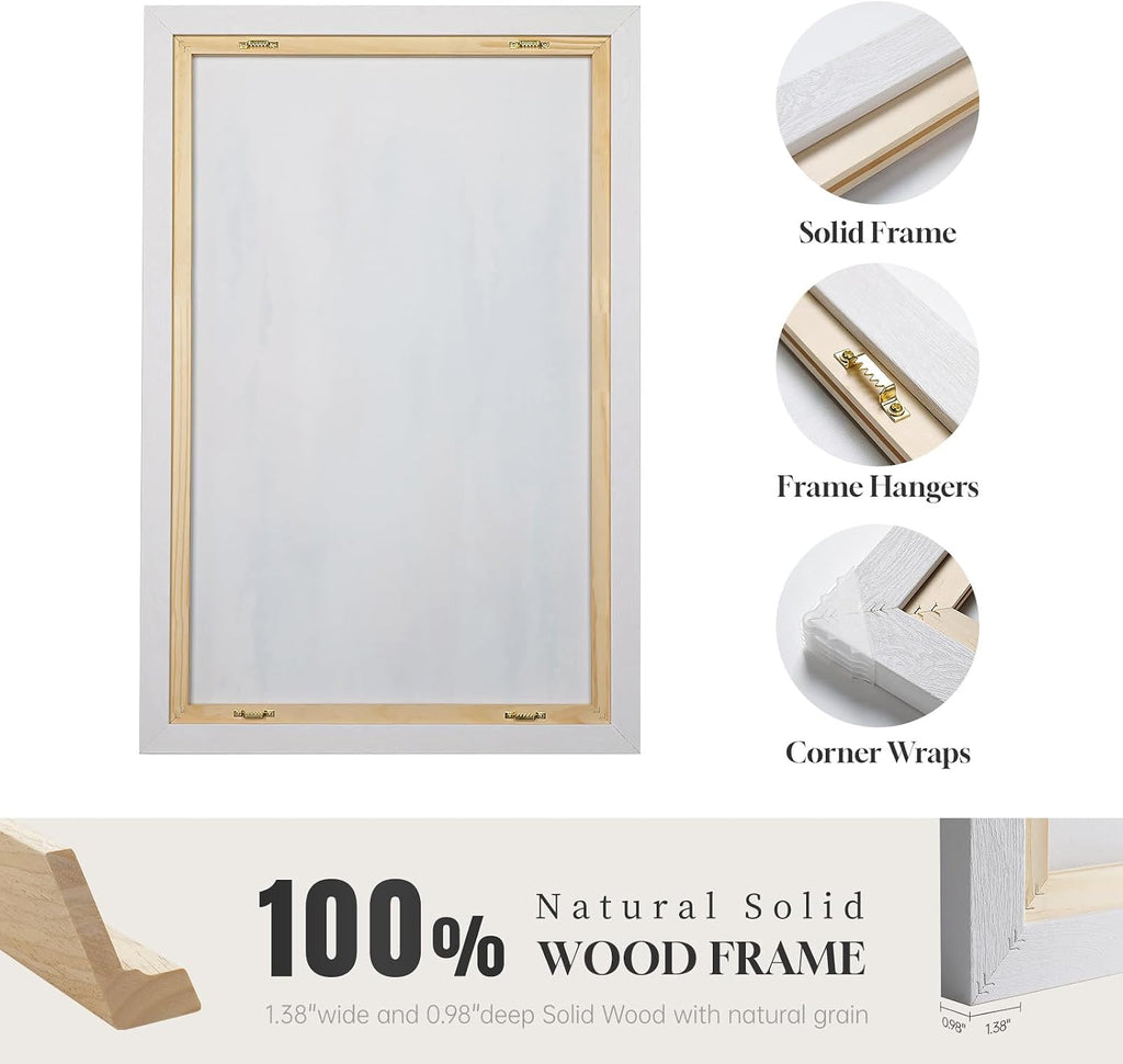 Large White Framed Blue and Gold Abstract Canvas Wall Art, 2 Piece Modern Minimalist Prints Paintings Artwork