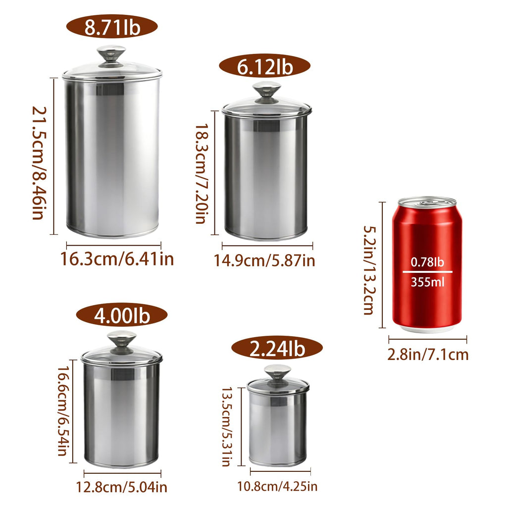 Stainless Steel Food Canister Set 4-Piece, Airtight Kitchen Storage Containers with Lids, Metal Canisters for Flour