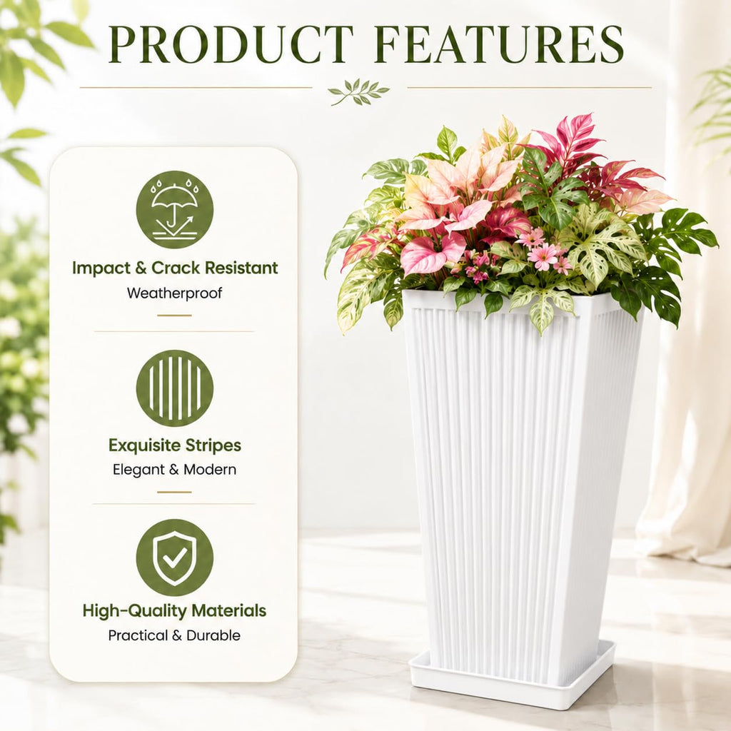24" Tall Planters for Outdoor Plants Set of 2 Square Fluted, White
