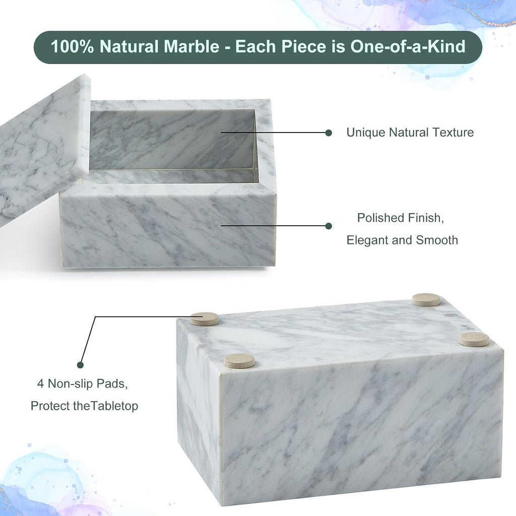 Natural Marble Storage Box with Lid, Rectangular Organizer for Jewelry