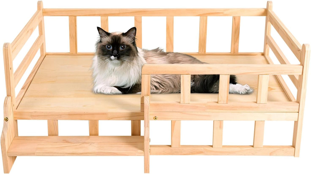 Pine Wood Pet Bed with Staircase, Wooden Dog Bed Frame w/Surrounding Fence, Elevated Dog Bed for Dogs Cats, Load 66lbs