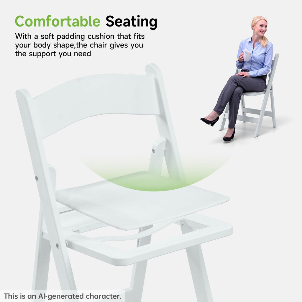 White Resin Folding Chairs with Cushion - Comfortable Foldable Plastic Chair - Stackable Chairs with Padded Seats