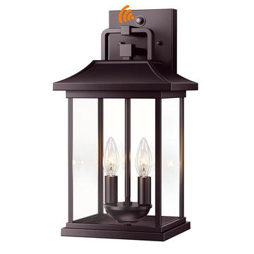 Brown Dusk to Dawn Outdoor Wall Lantern 2-Light, 15" Large Outside Modern Wall Sconce Light Fixture, Industrial Porch