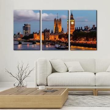 London City Skyline Wall Set of 3 - Framed Canvas Prints Big Ben and Westminster Bridge - Perfect for Modern Home