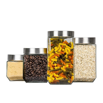 4 Piece Square Glass Canisters with Stainless Steel Airtight Screw On Lid