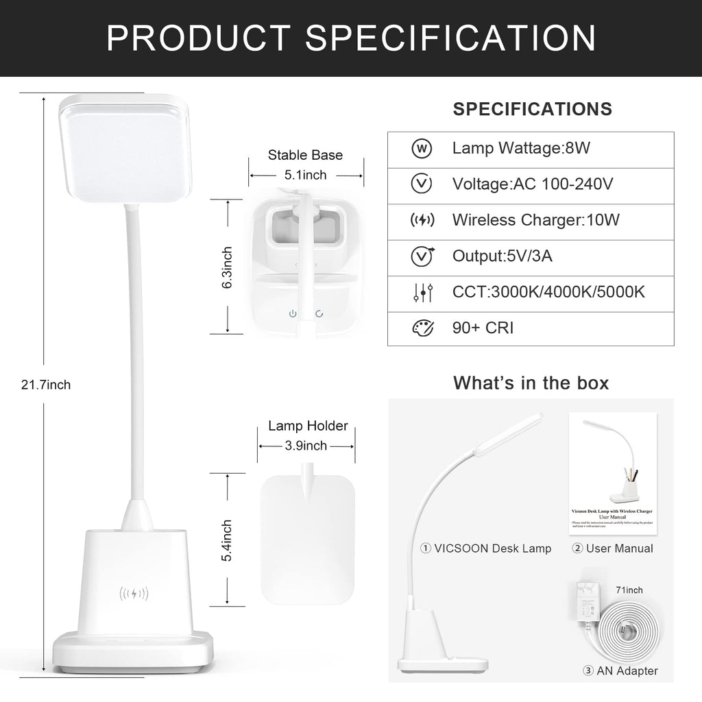 LED Desk Lamp with Wireless Charger, White