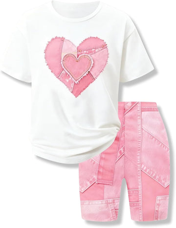 Girls 2 Piece Summer Heart Print Short Set Teen Girl Outfits Girls Clothing Set