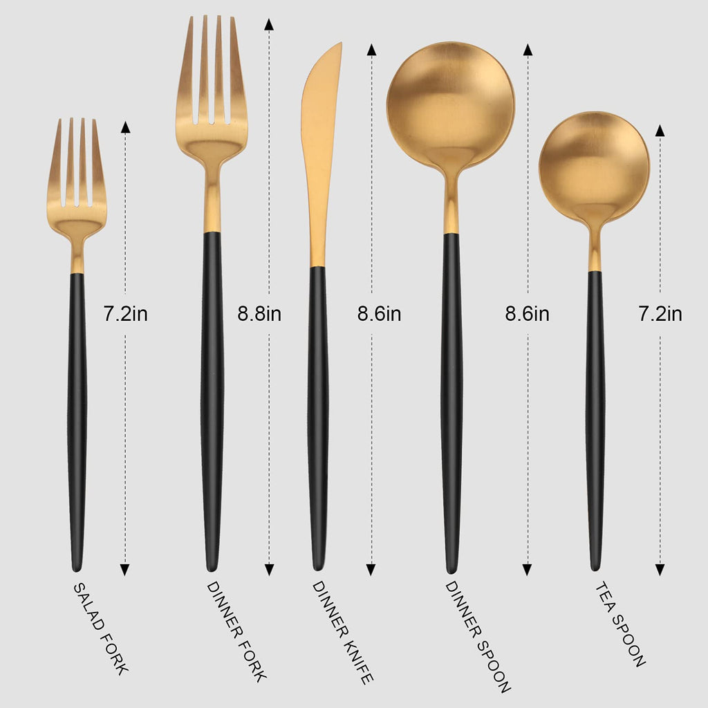 Matte Gold Silverware Set with black handle, 20 Piece Stainless Steel Cutlery Flatware Set, Kitchen Utensil Sets for