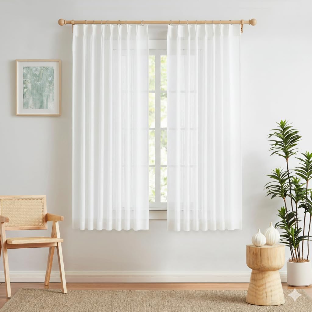 White Bohemian Pinch Pleated Semi Sheer Curtains (Set of 2 Panels) 63 Inch Long