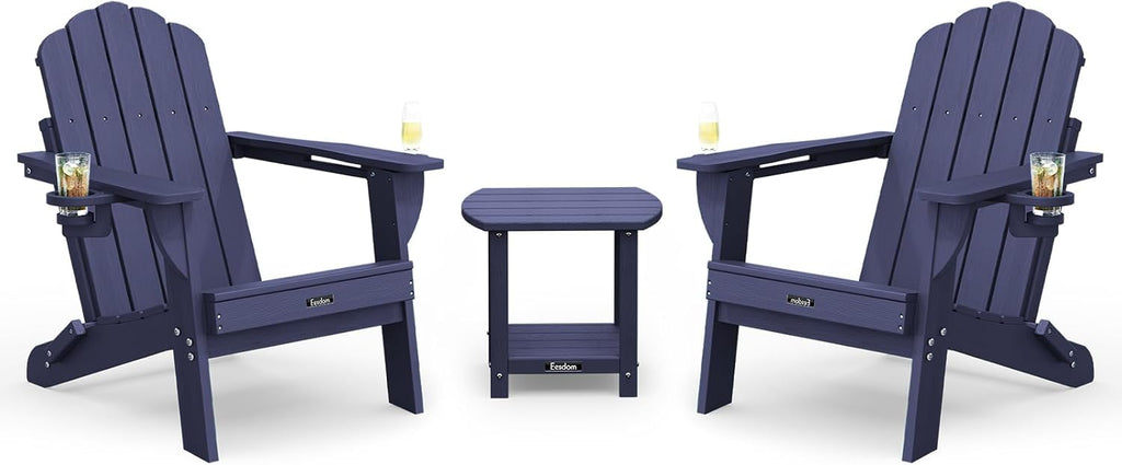 Folding Adirondack Chair 3-Piece Set with Wood Grain, HDPE Adirondack Chair with Side Table & Cup Holders, 380lb