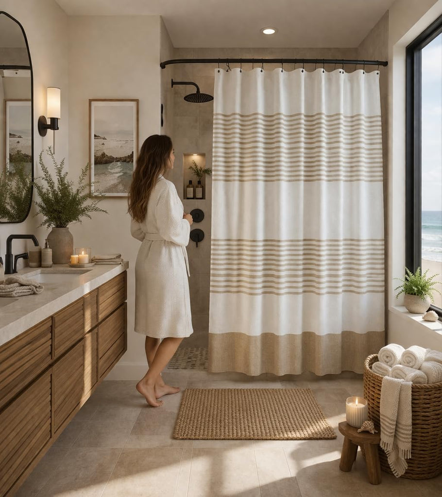 Tan Beige & White Striped Cotton Bathroom