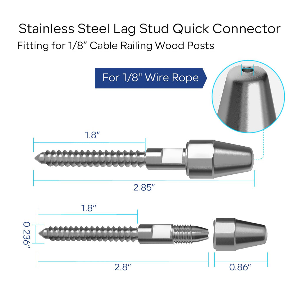 20 Pairs Cable Railing Kit Tensioner QuickLock, Right&Left Handed Thread Swageless Lag Screws for Wood Post of 1/8"