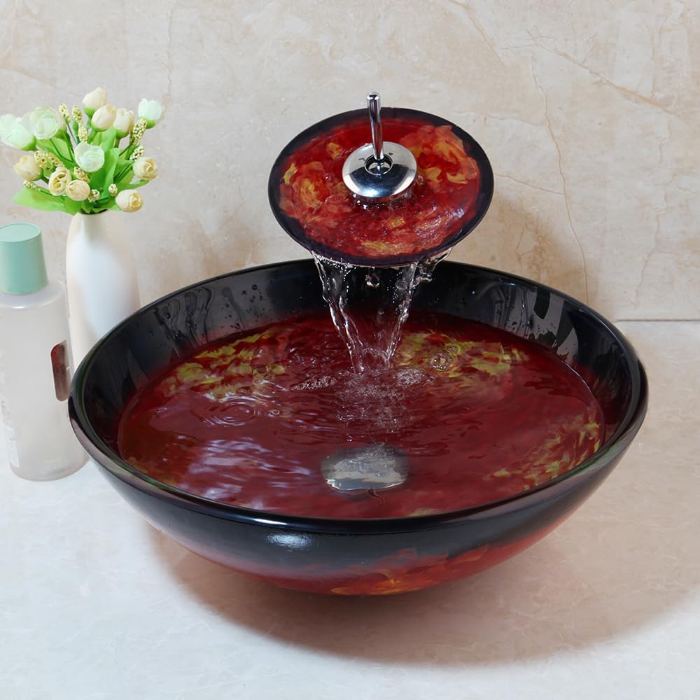 Red Glass Vessel Sink with Faucet and Drain Combo 16 Inch Tempered Glass Bathroom Sink Above Counter