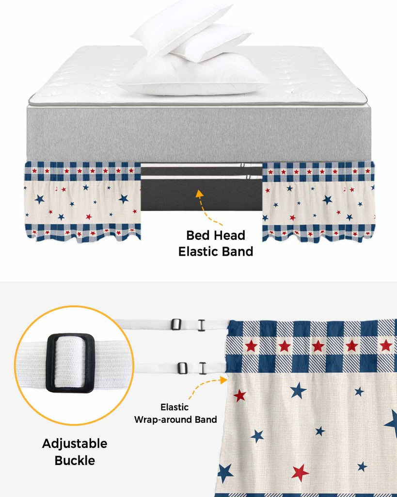 Blue Red Stars Bed Skirt 16 Inch Drop, Adjustable & Elastic Wrap Around Bed Skirts Pleated Luxury Dust