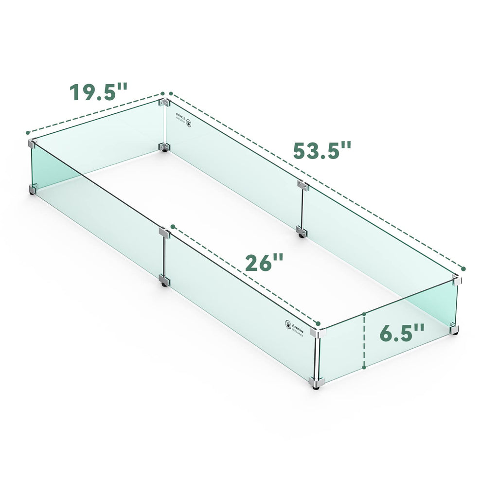 Fire Pit Wind Guard, 53.5" x 19.5" x 6", Clear Tempered Glass